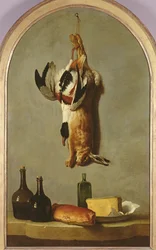 Still life (hare, duck, bottles, bread and cheese), 1742